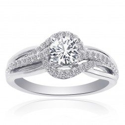 1.00 Carat Natural Round Diamond Swirl Halo Engagement Ring 14k White Gold 