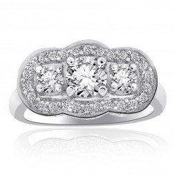 1.15 Carat Round Diamond Three Stone Halo Engagement Ring 14K White Gold