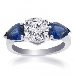 4.31 Carat G-SI2 Round Cut Diamond Blue Ceylon Sapphire Ring 14K White Gold