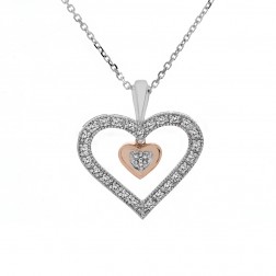 0.25 Carat Round Diamond Dangle Heart Pendant on Cable Link Chain 10K Two Tone Gold