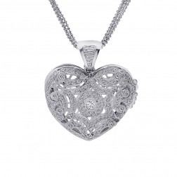 3.75 Carat Round & Baguette Diamond Heart Locket 18K White Gold on Ball Link Chain 