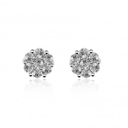 1.02 Carat Round Cut Diamond Cluster Stud Earrings 14K White Gold