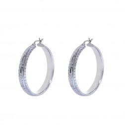 Diamond Cut Greek Key Pattern Hoop Earrings 14K White Gold 
