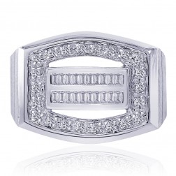 0.50 Carat Pave Round Cut and Baguette Cut Diamonds Mens Ring 14K White Gold