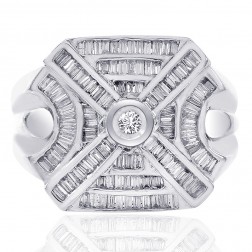 1.50 Carat Baguette and Round Cut Center Diamond Mens Ring 14K White Gold