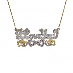 0.10 Carat Diamond & Rubies I Love You Pendant Necklace 14K Two Tone Gold 