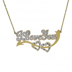 0.18 Carat Diamond & Sapphires I Love You Pendant Necklace 14K Two Tone Gold 