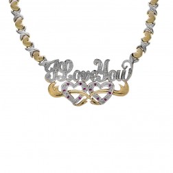 0.04 Carat Diamond Accent Hearts & Kisses Chain I Love you Necklace 14K Two Tone Gold 