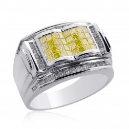 1.65 Carat Mens Princess Cut Yellow Fancy Diamond Ring 14K White Gold