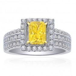 1.30 Carat Diamond Engagement Ring Fancy Intense Yellow Radiant Cut in 14K White Gold