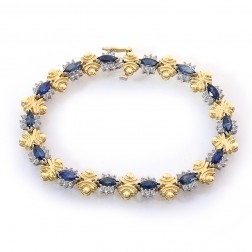 4.90 Carat Marquise Cut Sapphire & Round Diamond Tennis Bracelet 14k Two Tone Gold 