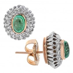 1.00 Carat Cabochon Emerald & Diamond Vintage Style Earrings 14K Two Tone Gold