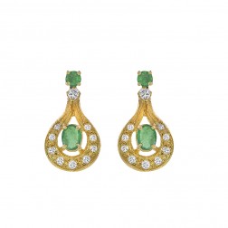1.40 Carat Emerald and Diamond Dangle Earrings 14K Yellow Gold