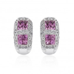 1.35 Carat Pink Sapphire & Diamond Huggie Earrings 14K White Gold 