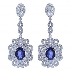 7.50 Carat Oval Cut Sapphire & Round Diamond Chandelier Earrings 18K White Gold
