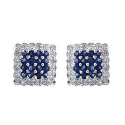 0.50 Carat Round Cut Sapphire & 0.25 Carat Diamond Square Stud Earrings 14K White Gold