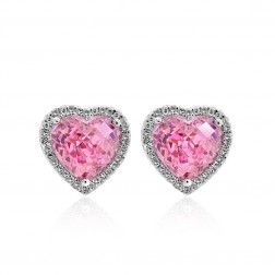 10.85 Carat Heart Shaped Pink CZ And Round Diamond Halo Earrings 14K White Gold 