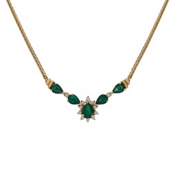 2.64 Carat Pear Shape Emerald & Round Diamond Garland Necklace 14K Yellow Gold