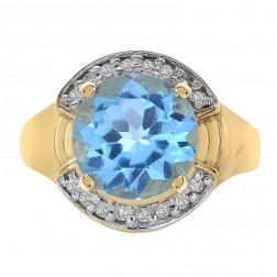 3.50 Carat Blue Topaz and 0.16 Carat Diamond Ring 14K Yellow Gold