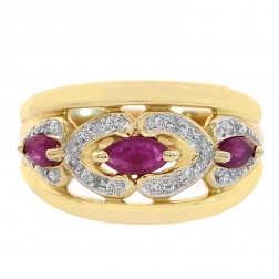 0.40 Carat Marquise Cut Rubies and Round Cut Diamonds Ring 14K Yellow Gold