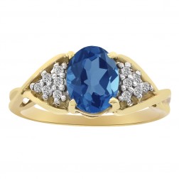1.60 Carat Blue Topaz and 0.10 Carat Diamond Ladies Ring 14K Yellow Gold 