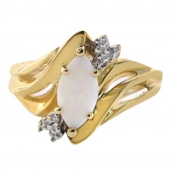 0.77 Carat Marquise Shape Opal And Diamond Ring 10K Yellow Gold