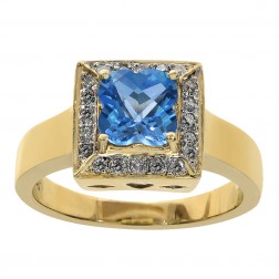 1.00 Carat Quatrefoil Clover Shape Blue Topaz & 0.20 Carat Diamond Ring 14K Yellow Gold