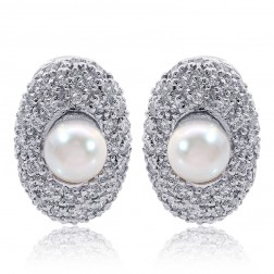 5.7mm White Sea Pearl & Pave Round Diamond Huggie Earrings 18K White Gold