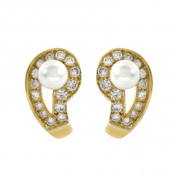 1.00 Carat Round Diamond and Pearl Huggie Earrings 14K Yellow Gold