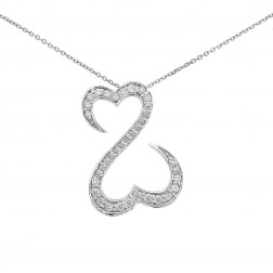 Double Heart Diamond Pendant With 18" Inches Link Chain 14K White Gold