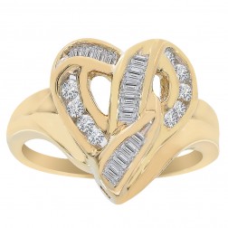 0.35 Carat Round Baguette Cut Diamond Heart Cluster Ring 14K Yellow Gold
