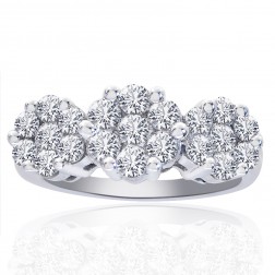 1.75 Carat Round Cut Diamond Triple Flower Cluster Ring 14K White Gold