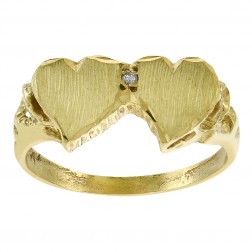 Express your eternal love for her with this gold double hearts diamond ring. This unique style ring is made of 14K Yellow Gold and 0.01 ctw Diamond accent, color/clarity I-I1. The ring size is 5.75, width 7.5mm and it weighs 2.0gr. Polished to a brilliant