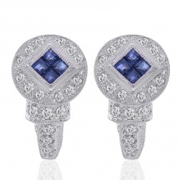 0.75 Carat Diamond & Blue Sapphire Huggy Earrings 14K White Gold