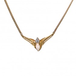 0.51 Carat Marquise Shape Opal & Round Diamond Necklace 14K Yellow Gold