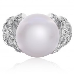 14 mm South Sea Pearl & Round Diamond Ring 18K White Gold