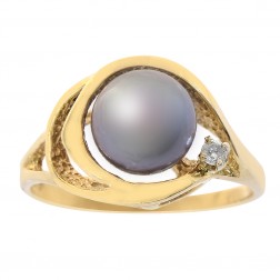 8mm Peacock Color Cultured Pearl & 0.02 Carat Diamond Ring 14K Yellow Gold