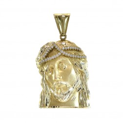 14K Yellow Gold Diamond Cut Cubic Zirconia Jesus Head Pendant