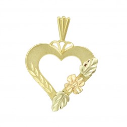 14K Two Tone Gold Diamond Cut Open Heart with Flower on Its Side Pendant 