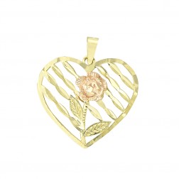 10K Two Tone Gold Diamond Cut Heart with Flower Inside Pendant 