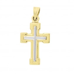 14K Two Tone Gold Religious Cross Pendant Italy