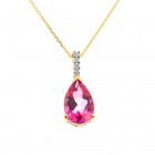 3.87 Carat Pear Shape Pink Topaz & Round Diamond Pendant on Cable Chain 14K Yellow Gold