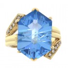9.50 Carat Hexagon Shape Blue Topaz & 0.20 Carat Round Cut Diamond Ring 14K Yellow Gold