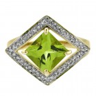 2.00 Carat Rhombus Shape Peridot and 0.30 Carat Diamond Vintage Ring 14K Gold
