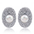 5.7mm White Sea Pearl & Pave Round Diamond Huggy Earrings 18K White Gold