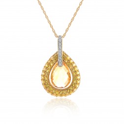 3.08 Carat Pear Shape Citrine Diamond Dangle Pendant Cable Link Chain 14K Yellow Gold