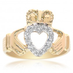 14K Yellow Gold Irish Claddagh Ring Diamonds Size 8
