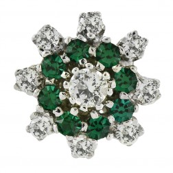 Flower Design Green & White Cubic Zirconia Ring 14K White Gold