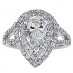 2.64 Carat Pear Shape Diamond Double Halo Engagement Ring 18K White Gold 