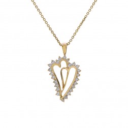 0.39 Carat Round Cut Diamond Double Heart Pendant On Rolo Link Chain 14K Yellow Gold